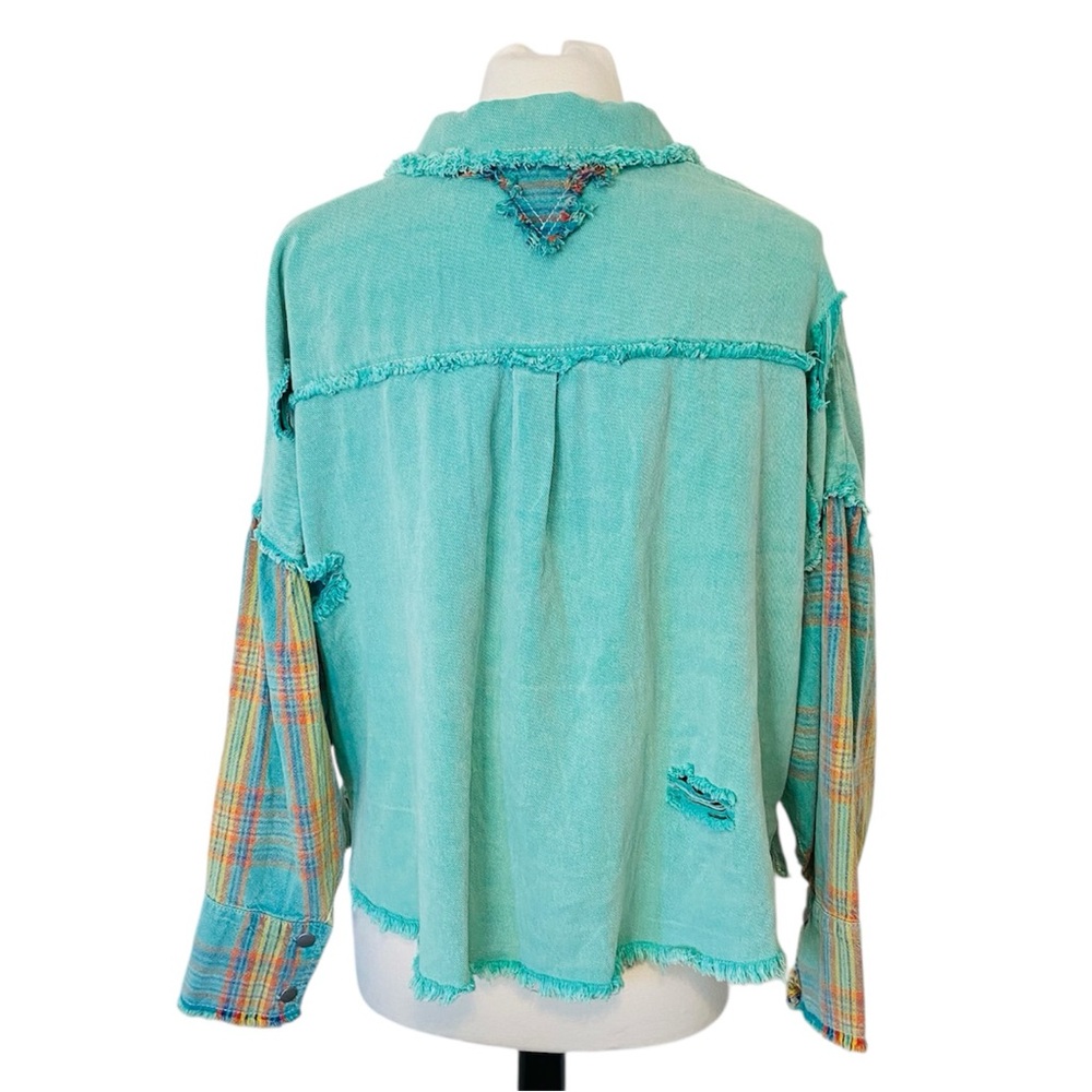 POL Shacket Women’s Medium Teal Denim Plaid Patchwork Distressed Oversized - Picture 4 of 13